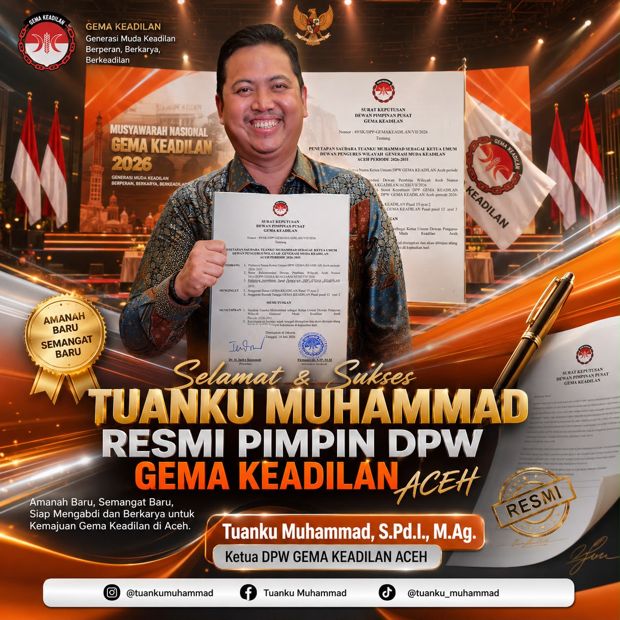 Tuanku Muhammad Resmi Pimpin DPW GEMA KEADILAN Aceh pada Musyawarah Nasional GEMA KEADILAN